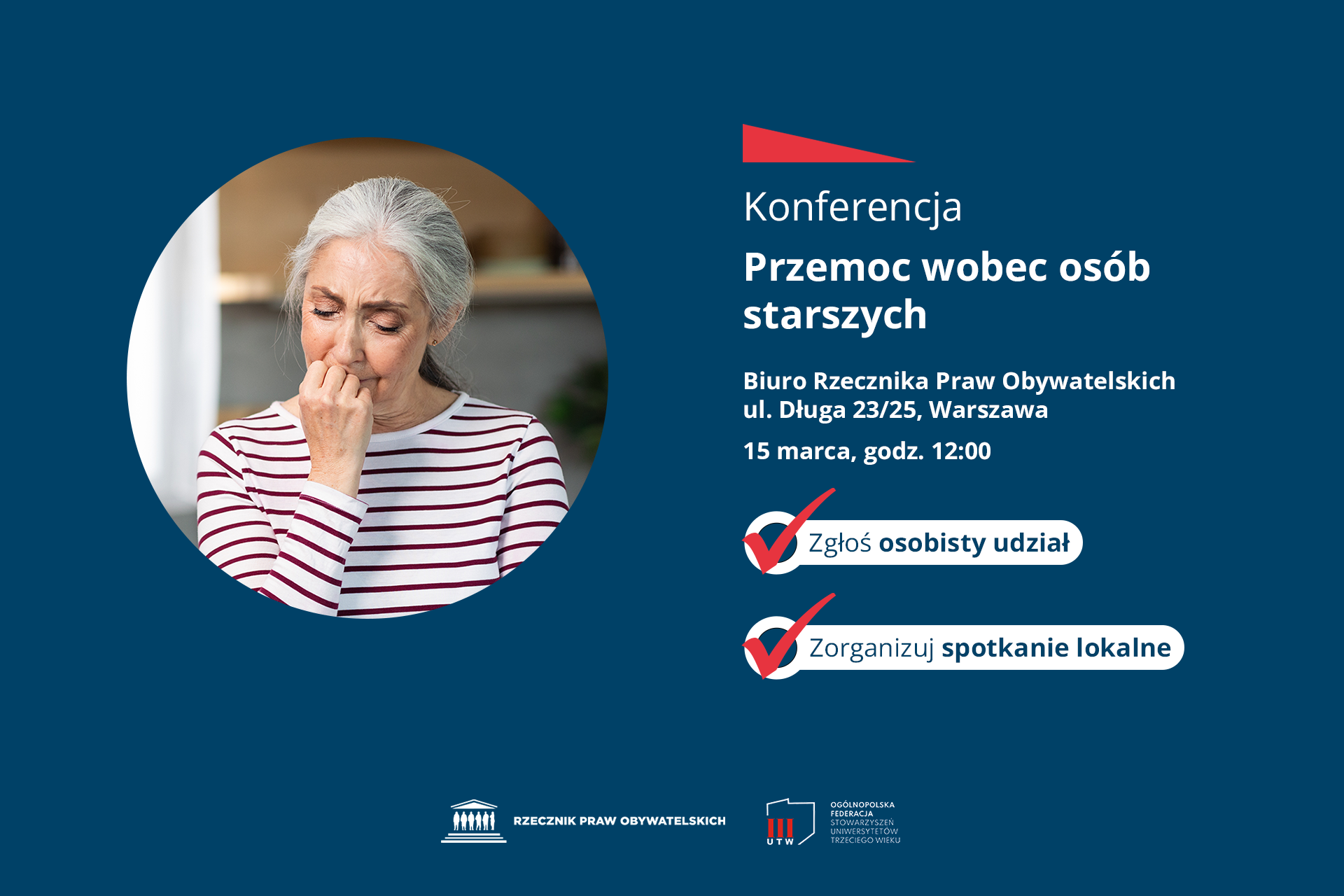 Grafika z teksem - konferencja Przemoc wobec osob starszych - i grafiką starszej kobiety w kole