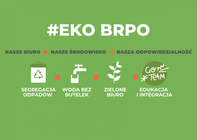 Grafika z zielonym tłem, napisem EKO BRPO, nasze biuro, nasze środowisko, nasza odpowiedzialność, segregacja odpadów, woda bez butelek, zielone biuro, edukacja i integracja oraz grafikami kosza na śmieci, kranu z wodą, gałązki i kółka z napisem go team