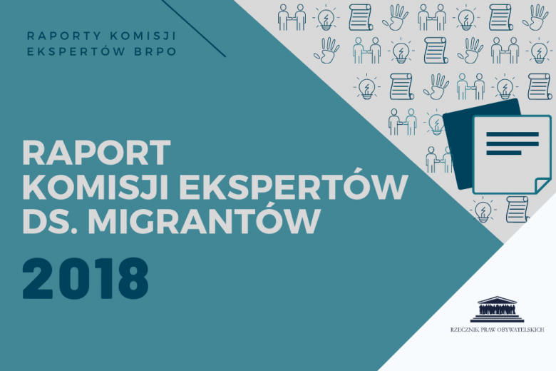 niebieska plansza z napisem "raport komisji ekspertów ds. migrantów"