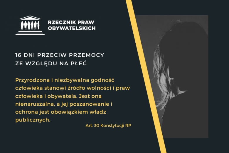 Grafika z napisem -16 dni przeciw przemocy ze względu na płeć. Przyrodzona i niezbywalna godność człowieka stanowi źródło wolności i praw człowieka i obywatela. Jest ona nienaruszalna, a jej poszanowanie i ochrona jest obowiązkiem władz publicznych.