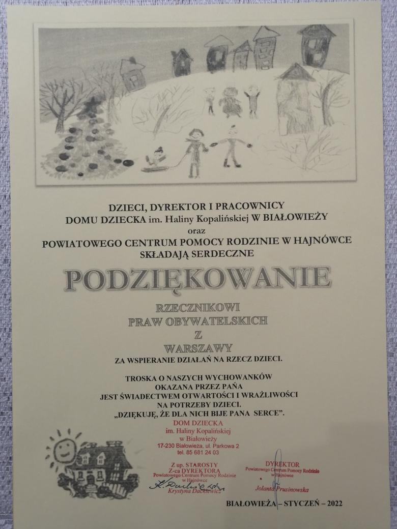 List z podziękowaniami dla RPO od społeczności Domu Dziecka w Białowieży i Domu Pomocy Społecznej w Hajnówce