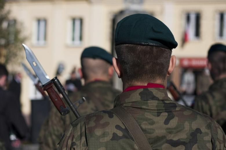 zdjęcie żołnierza od tyłu stojącego na zbiórce na tle innych