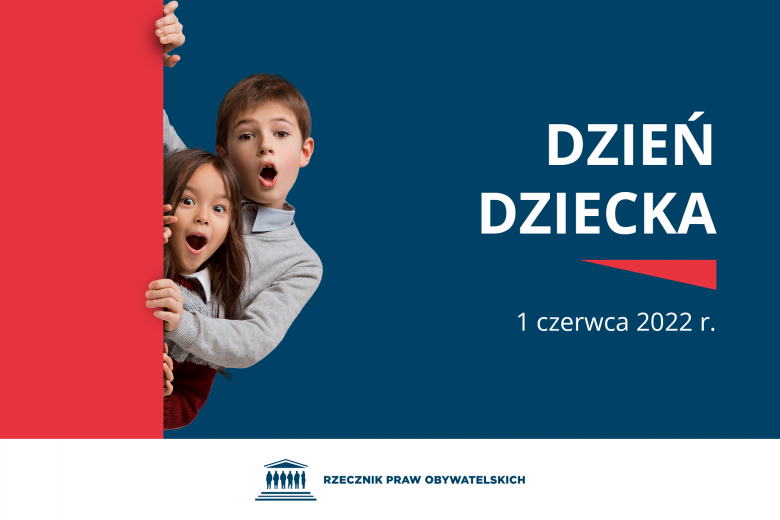 Plansza z tekstem "Dzień dziecka - 1 czerwca 2022 r." i ilustracją przedstawiającą bawiące się dzieci wychylające się zza ścianki.