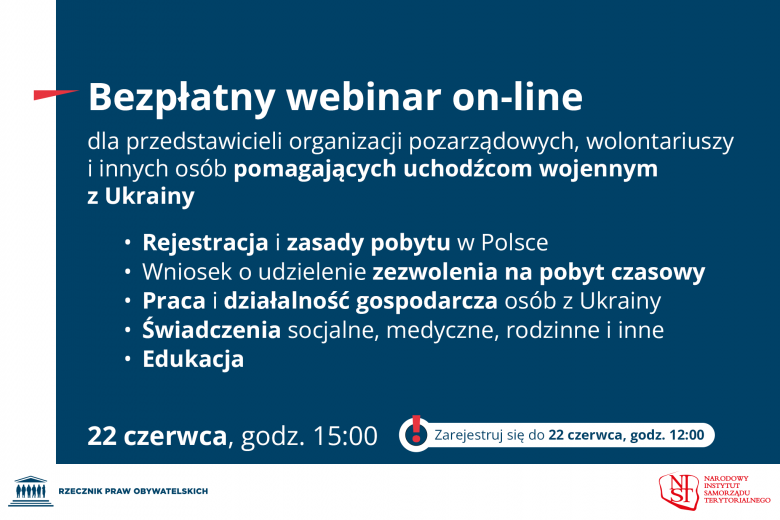 Plansza z tekstem "Bezpłatny webinar on-line dla przedstawicieli organizacji pozarządowych, wolontariuszy i innych osób pomagających uchodźcom wojennym z ukrainy. 22 czerwca, godz. 15.00. Zarejestruj się do 22 czerwca"