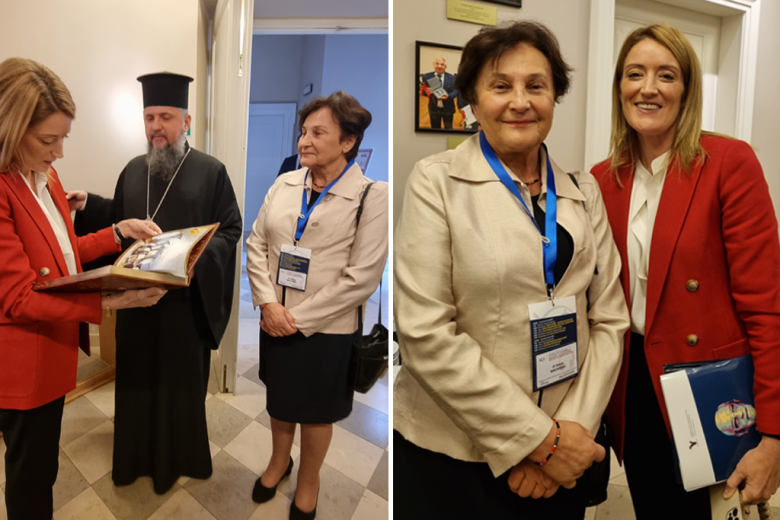 Kolaż przedstawiający dwa zdjęcia ZRPO Hanny Machińskiej z przewodniczącą Parlamentu Europejskiego Robertą Metsolą i metropolitą kijowskim Epifaniuszem