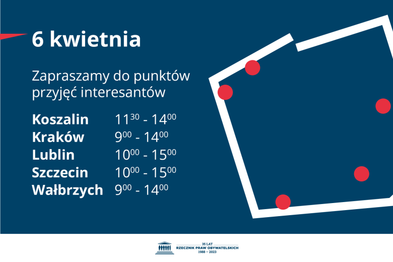 Plansza z tekstem "6 kwietnia zapraszamy do punktów przyjęcia interesantów: Koszalin - 11.30-14.00 - Kraków - 9:00-14:00 - Lublin - 10:00-15:00 - Szczecin - 10:00-15:00 - Wałbrzych - 9:00-14:00