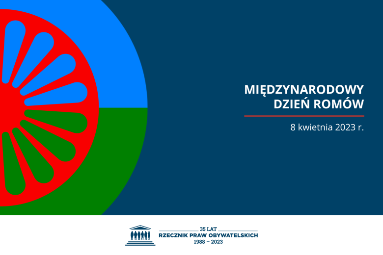 Plansza z tekstem "Międzynarodowy Dzień Romów - 8 kwietnia 2023 r." i ilustracją przedstawiającą romską flagę