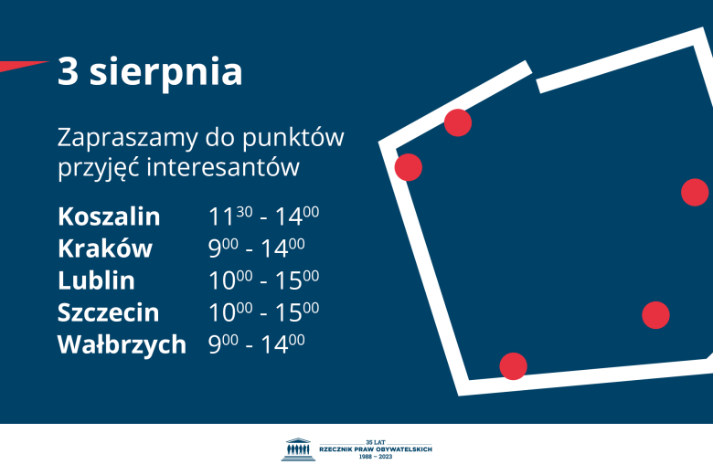 Plansza z tekstem "3 sierpnia zapraszamy do punktów przyjęcia interesantów: Koszalin - 11.30-14.00 - Kraków - 9:00-14:00 - Lublin - 10:00-15:00 - Szczecin - 10:00-15:00 - Wałbrzych - 9:00-14:00"