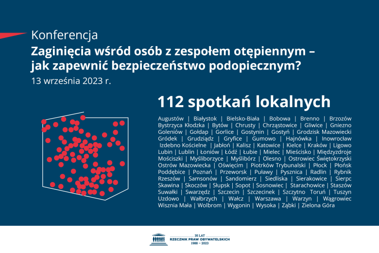 Plansza z tekstem "Konferencja - Zaginięcia wśród osób z zespołem otępiennym - jak zapewnić bezpieczeństwo podopiecznym? - 13 września 2023 r. - 112 spotkań lokalnych" oraz mapą przedstawiającą miejsca spotkań lokalnych i spis miejscowości