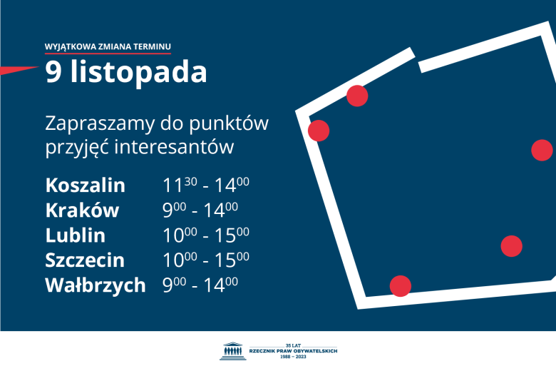 Plansza z tekstem "Wyjątkowa zmiana terminu - 9 listopada zapraszamy do punktów przyjęć interesantów: Koszalin 11:30-14:00; Kraków 9.00-14.00; Lublin 10.00-15.00; Szczecin 10.00-15.00; Wałbrzych 9.00-14.00"