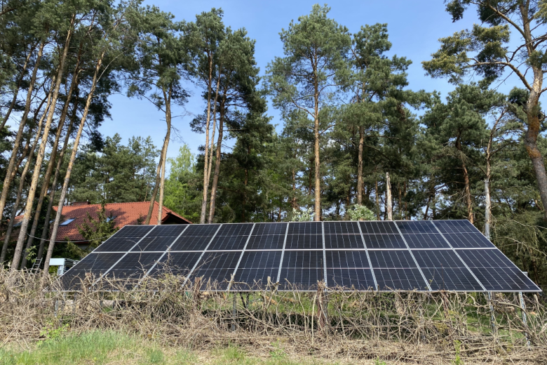 panel fotowoltaiczny na tle drzew