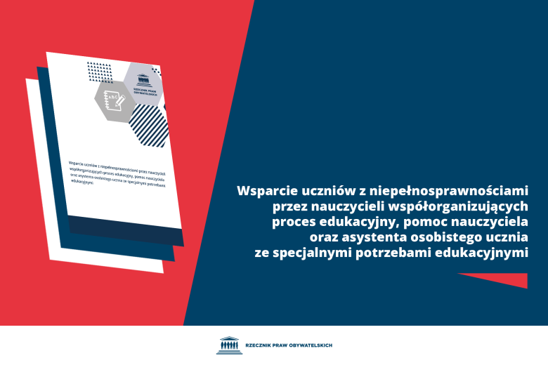 Plansza z tekstem "Wsparcie uczniów z niepełnosprawnościami" i okładką raportu