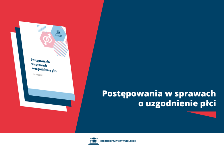 Plansza z tekstem "Postępowania w sprawach o uzgodnienie płci. Przewodnik" i okładką raportu