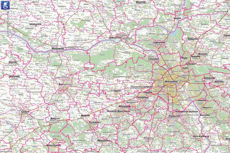 Mapa administracyjna z widocznymi obrysami granic gmin