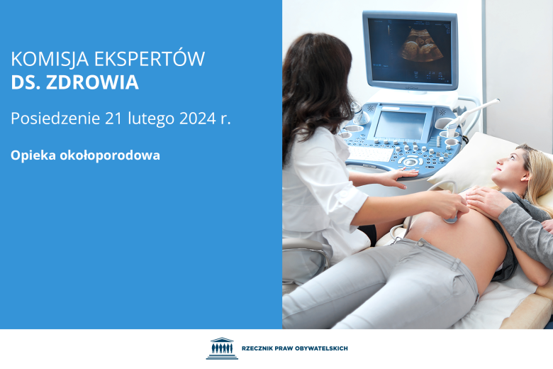 Plansza z tekstem "Komisja Ekspertów ds. Zdrowia - Posiedzenie 21 lutego 2024 r. - opieka okołoporodowa" i ilustracją przedstawiającą ciężarną kobietę poddawaną badaniu EKG