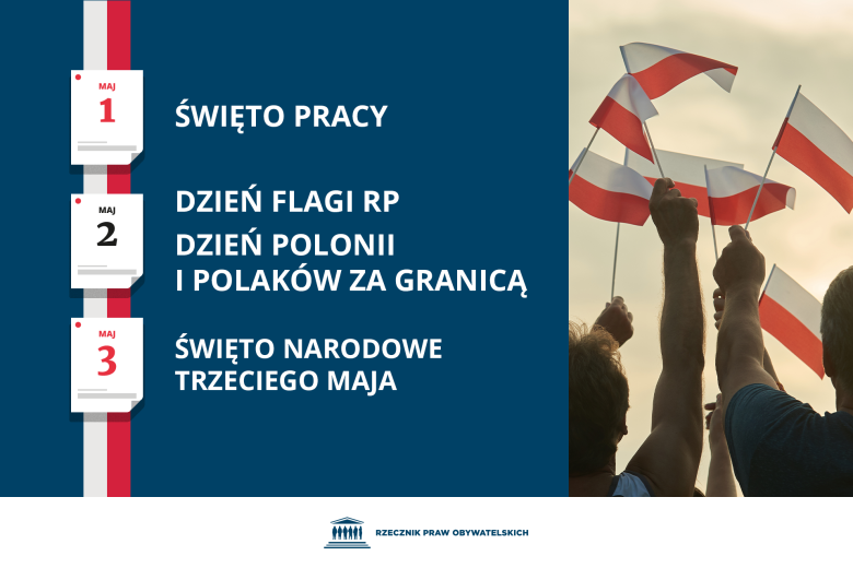 Plansza z tekstem "1 maj - Święto Pracy; 2 maj - Dzień Flagi RP, Dzień Polonii i Polaków za Granicą; 3 maj - Święto Narodowe Trzeciego Maja" i ilustracją przedstawiającą sylwetki grupy osób machających biało-czerwonymi chorągiewkami