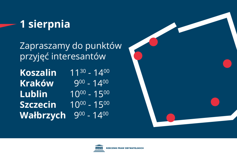 Plansza z tekstem "1 sierpnia zapraszamy do punktów przyjęcia interesantów: Koszalin - 11.30-14.00 - Kraków - 9:00-14:00 - Lublin - 10:00-15:00 - Szczecin - 10:00-15:00 - Wałbrzych - 9:00-14:00"