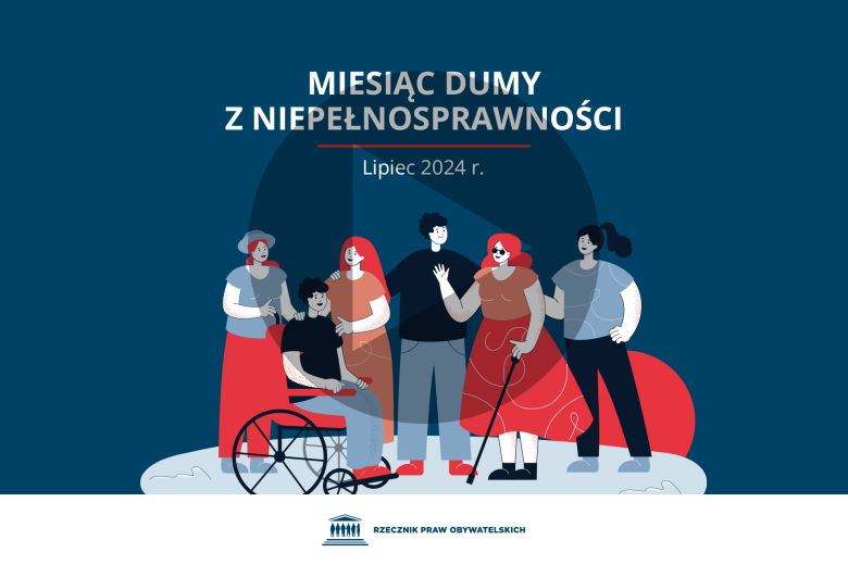 Plansza z tekstem "Miesiąc Dumy z Niepełnosprawności - lipiec 2024 r." i ilustracją przedstawiającą grupę osób z różnymi niepełnosprawnościami. Na planszę nałożony jest symbol odtwarzania wideo - trójkąt w kole