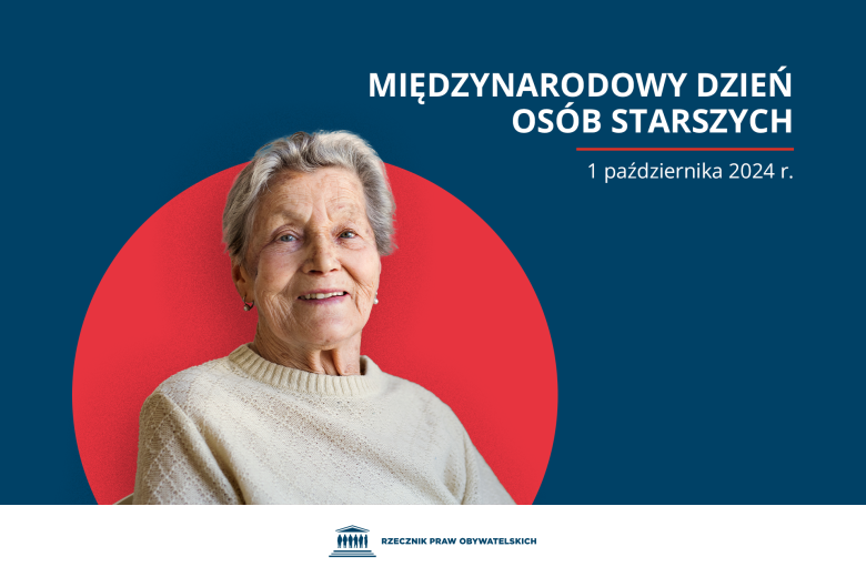 Plansza z tekstem "Międzynarodowy Dzień Osób Starszych - 1 października 2024 r." i ilustracją przedstawiającą uśmiechniętą seniorkę