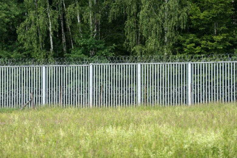 metalowa zapora graniczna na łące z lasem w tle 