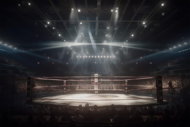 Ilustracja przedstawiająca halę wypełnioną widownią. Pośrodku hali znajduje się oświetlony ring do walki.