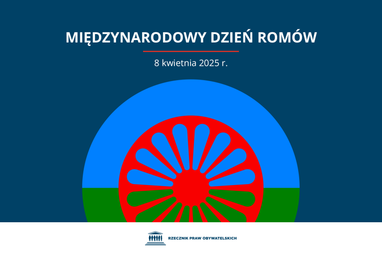 Plansza z tekstem "Międzynarodowy Dzień Romów - 8 kwietnia 2025 r." i ilustracją przedstawiającą flagę Romów - czerwone koło wozu na niebieskim i zielonym tle