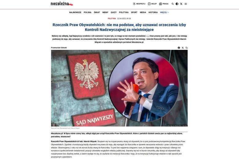Zrzut ekranu strony na portalu niezalezna.pl z wywiadem z RPO Marcinem Wiąckiem