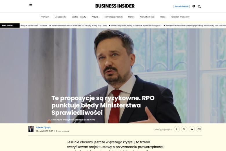 Zrzut ekranu strony na portalu Business Insider Polska z wywiadem z RPO Marcinem Wiąckiem