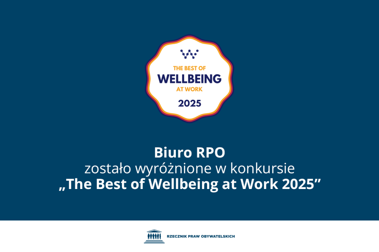 Plansza z tekstem "Biuro RPO zostało wyróżnione w konkursie "The Best of Wellbeing at Work 2025"" i logiem konkursu