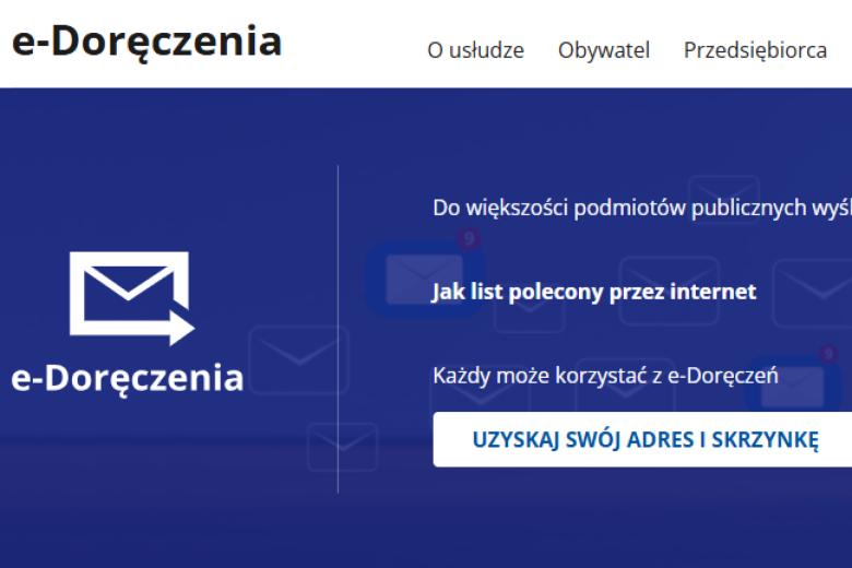 granatowa grafika e-doręczenia z tekstem uzyskaj swój adres i skrzynkę