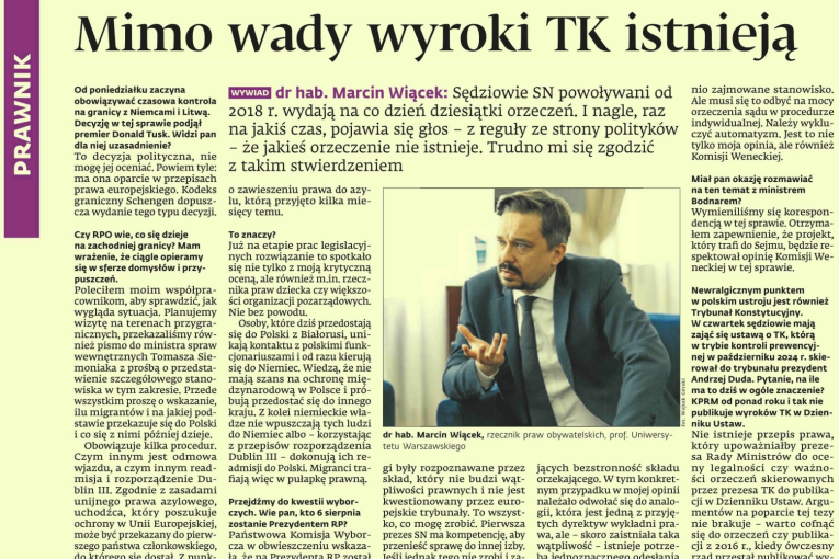 Fragment wywiadu RPO w Dzienniku Gazecie Prawnej - tekst ze zdjęciem Marcina Wiącka