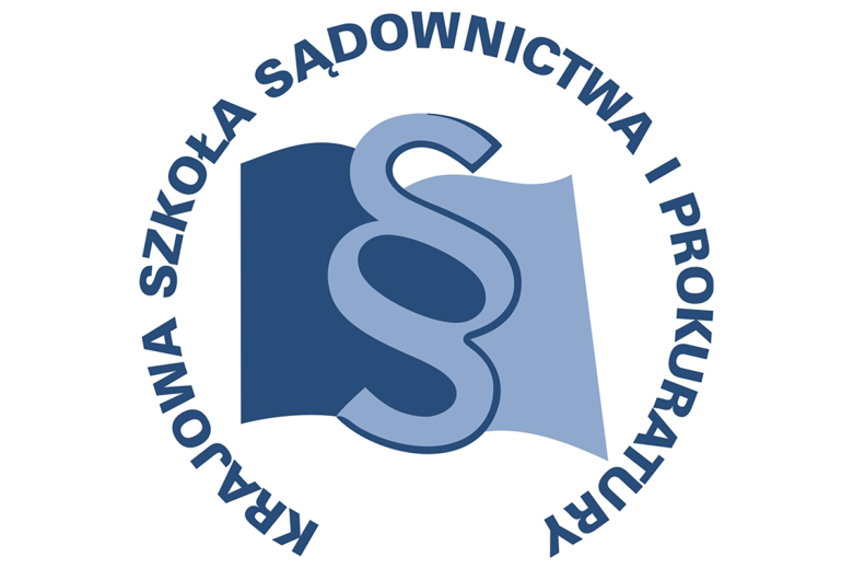 Symbol paragrafu z dookolnym tekstem Krajowa Szkoły Sądownictwa i Prokuratury 