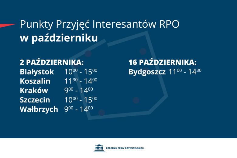 Plansza z tekstem "Punkty Przyjęć Interesantów RPO w październiku - 2 października - Białystok 10:00-15:00, Koszalin 11:30-14:00, Kraków 9:00-14:00,  Szczecin 10:00-15:00, Wałbrzych 9:00-14:00 - 16 października: Bydgoszcz 11:00-14:30"