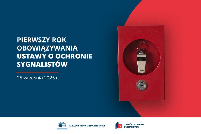 Plansza z tekstem "Pierwszy rok obowiązywania ustawy o ochronie sygnalistów - 25 września 2025 r." i ilustracją przedstawiającą gwizdek zamknięty w czerwonej skrzynce z szybką