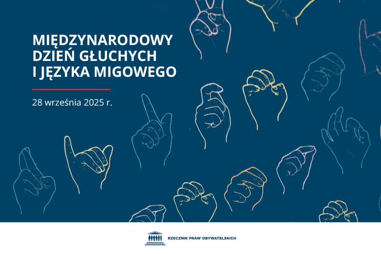 Plansza z tekstem "Międzynarodowy Dzień Głuchych i Języka Migowego - 28 września 2025 r." i ilustracją przedstawiającą narysowane dłonie wykonujące różne gesty języka migowego