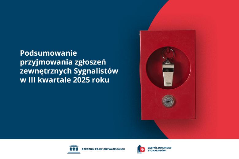 Plansza z tekstem "Podsumowanie przyjmowania zgłoszeń zewnętrznych Sygnalistów w III kwartale 2025 roku" i ilustracją przedstawiającą gwizdek