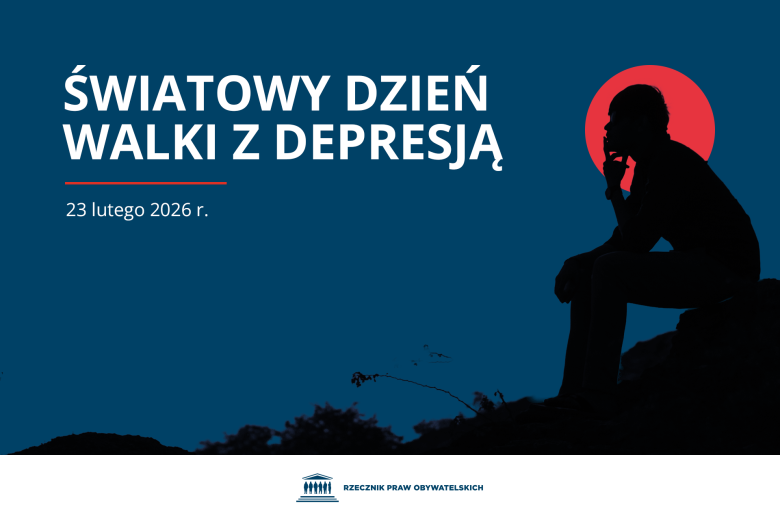Granatowa plansza z napisem "23 lutego 2026 r. - Światowy Dzień Walki z Depresją" i czarnym konturem siedzącego człowieka