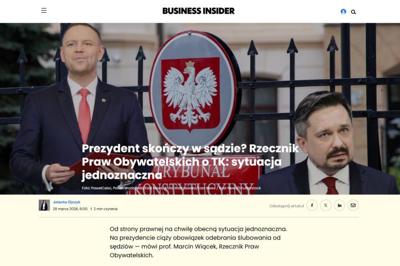 Zrzut ekranu ze strony internetowej z wywiadem RPO z twarzami dwóch osób i tesktem