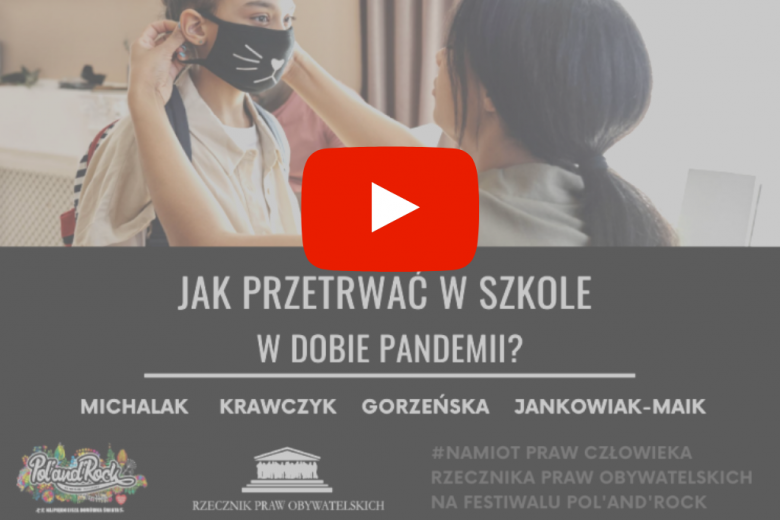 plansza z czerwonym symbolem play, w tle tytuł debaty 