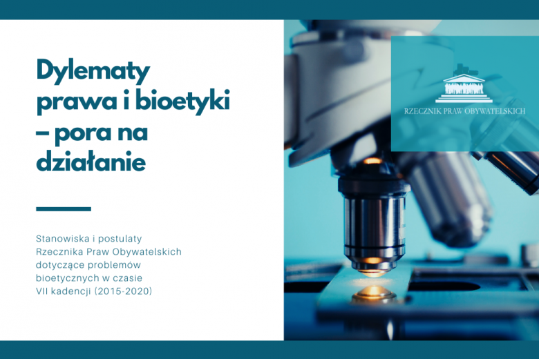 plansza z napisem Dylematy prawa i bioetyki – pora na działanie, po prawej mikroskop