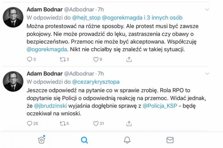 Screen z tekstem: Można protestować na różne sposoby. Ale protest musi być zawsze pokojowy. Nie może prowadzić do lęku, zastraszenia czy obawy o bezpieczeństwo. Przemoc nie może być akceptowana. Współczuję @ogorekmagda.