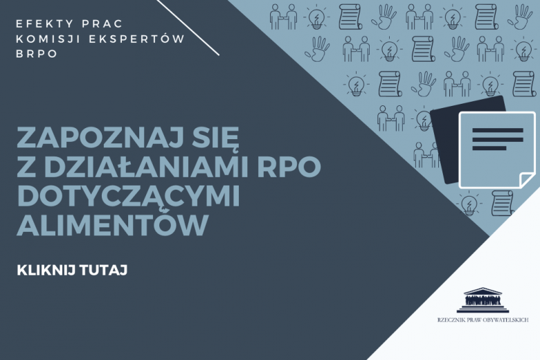 granatowa plansza z napisem "Kliknij tutaj by zapoznać się z działaniami RPO dotyczącymi ALIMENTÓW"