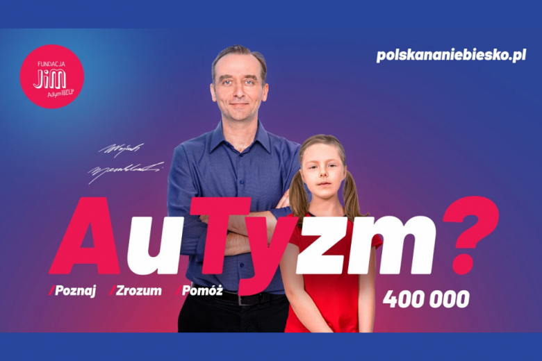 granatowo-różowa plansza z wizerunkiem mężczyzny i dziewczynki z napisem "Autyzm"