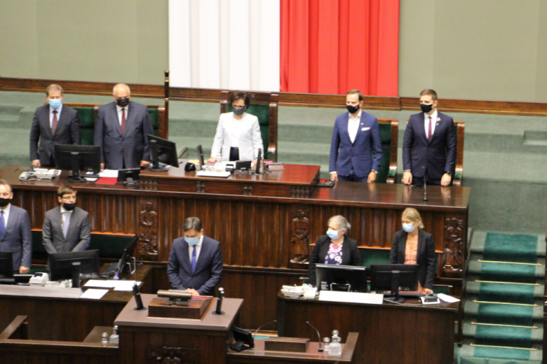 Osoba przemawia stojąc w sali Sejmu  