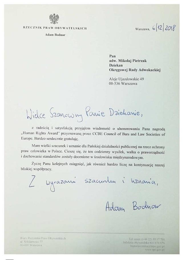 List na urzędowym papierze RPO z odręcznym nagłówkiem i podpisem