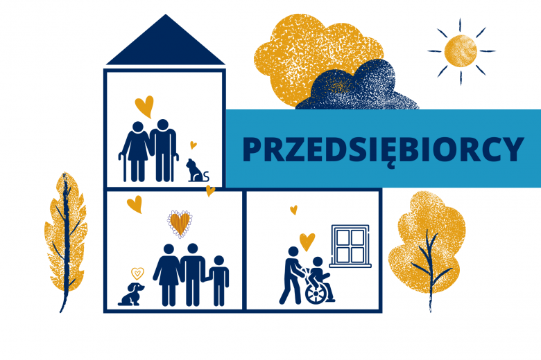 Grafika - ludzie osobno, ale się wspierają. Napis "Przedsiębiorcy"