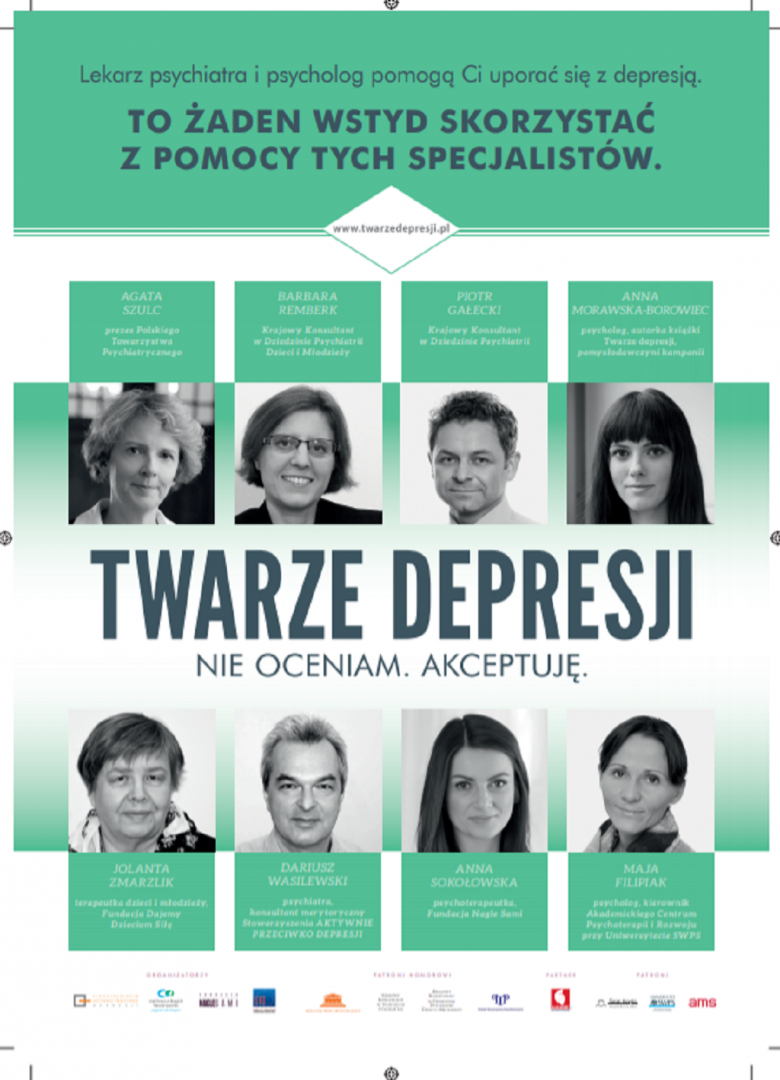 Plakat z sielonymi elementami i zdjęciami osób wyglądających na specjalistów