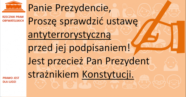 Grafika: napis na pomarańczowym tle i symbol reki podpisującej dokument