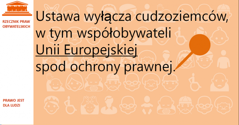 Grafika: napis na pomarańczowym tle i symbol pinezki