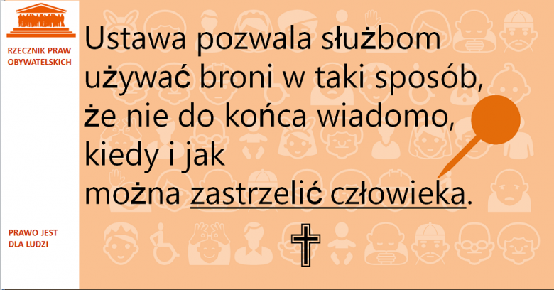 Grafika: napis na pomarańczowym tle i symbol pinezki i krzyża